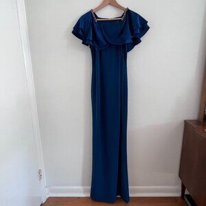 Adrianna Papell Blue Off Shoulder Flutter Sleeve Full Length Gown